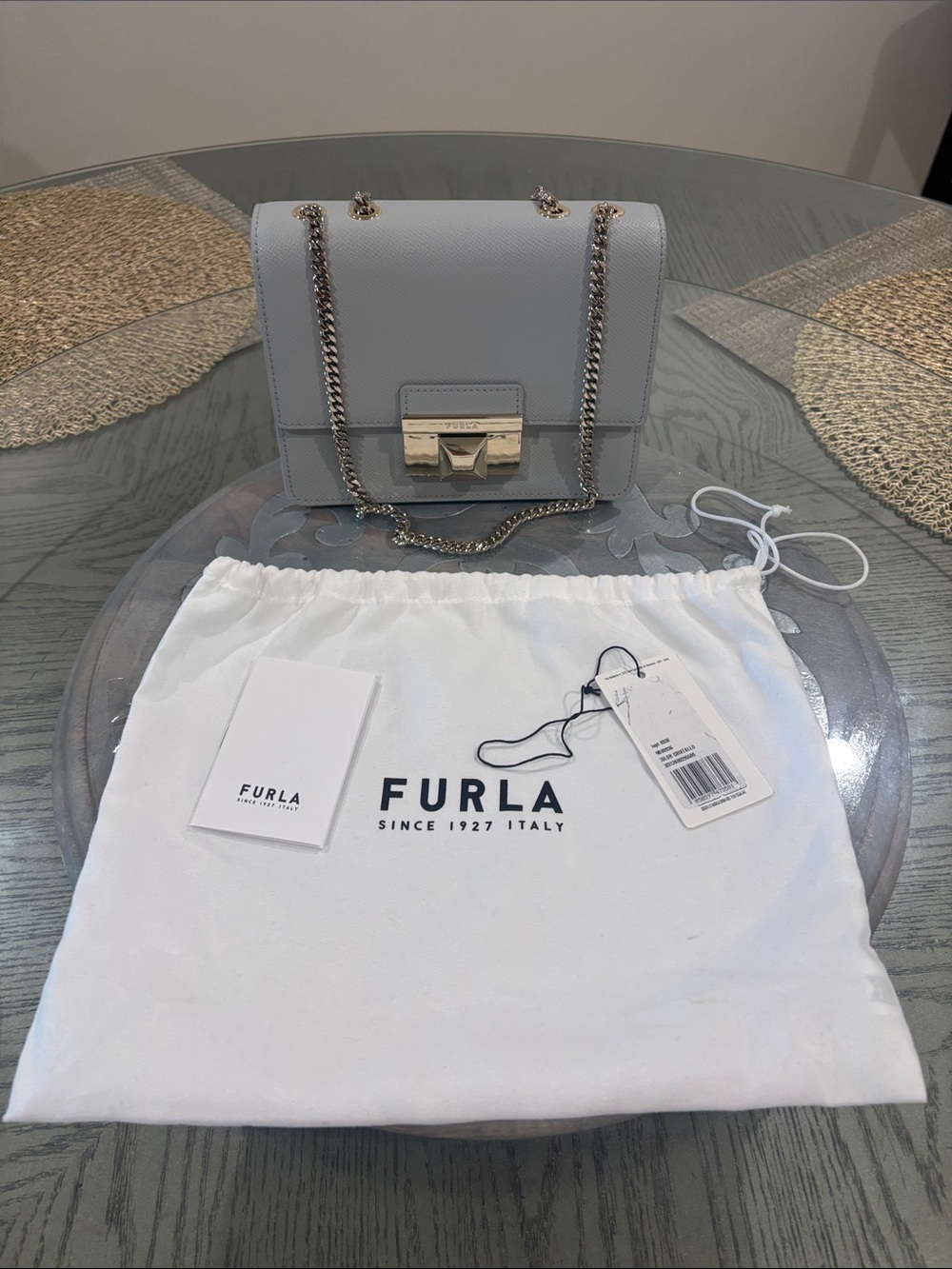 New Furla Light Gray Saffiano Leather Crossbody with Gold Chain/hardware & dusty - Picture 13 of 13